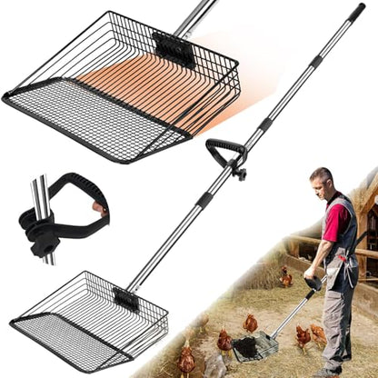 12" Metal Chicken Poop Scooper Rake for Sand with 24 to 68" Handle, Adjustable Chicken Poop Scooper for Poop, Wide 10”Poop Shovel Cleaning Tools, Heavy Duty Sifting Shovel (Black) - color: Black