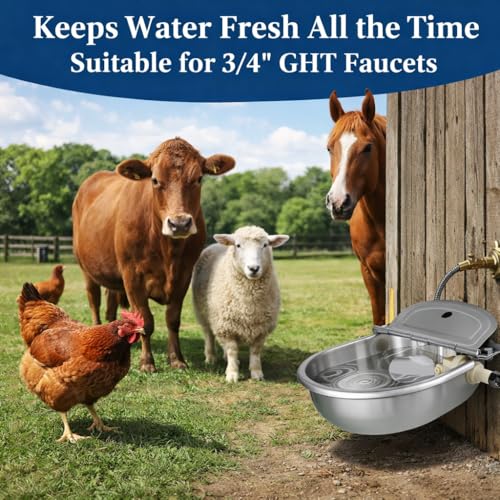 Automatic Animal Drinking Water Bowl with Float Valve, 304 Stainless Steel Auto-Filling Waterer Kit with Bowl, Pipe, 2 Valves, Quick Connect Adapter, Mounting Bolts for Livestock, Farm, Pet Use