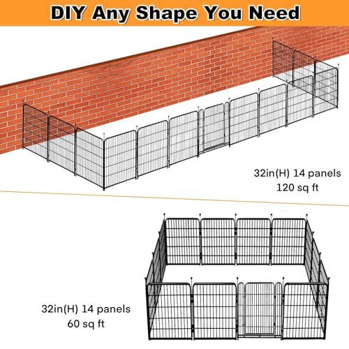 Getlay Garden Fence with Gate 32 in(H)×26.6 Ft(L) 12 Panels, Heavy Duty Iron Animal Barrier Fence for Yard, Suitable for Indoor Pet Fence Or Outdoor Dog Fencing - size: 32''(H)-12panels-26.6ft(L)