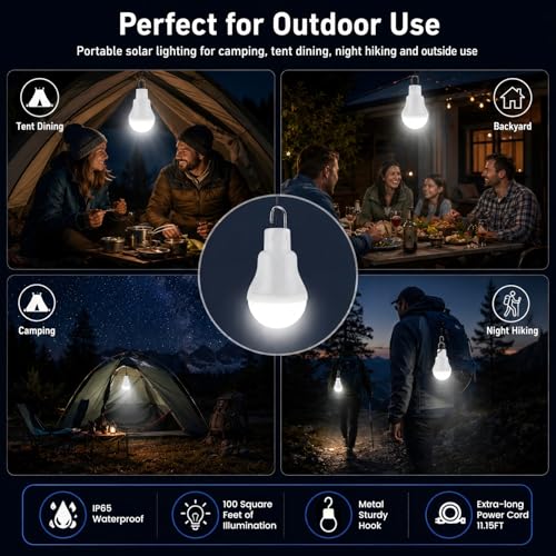 Solar Light Bulbs for Indoor Home and Chicken Coop, Outdoor Waterproof Camping Lamps for Tent, Rechargeable LED Solar Lights for Shed Night, Emergency, 2-Pack - style: Manual ON / OFF