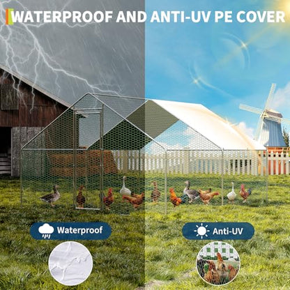 IDEALHOUSE Walk-in Chicken Run Pen, Galvanized Steel Frame, Waterproof and UV-Resistant Cover, Spire Roof, 10 x 6.5 ft Outdoor Poultry Enclosure for Chickens Ducks Rabbits - size: 9.8*6.5*6.6ft