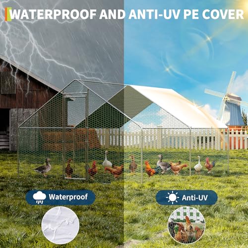 IDEALHOUSE Walk-in Chicken Run Pen, Galvanized Steel Frame, Waterproof and UV-Resistant Cover, Spire Roof, 10 x 13 ft Outdoor Poultry Enclosure for Chickens Ducks Rabbits - size: 9.8*13.1*6.5ft