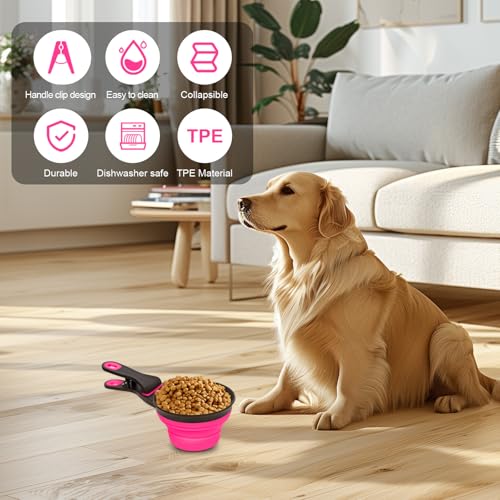 Collapsible Silicone Dog Food Scoop Foldable Pet Food Measuring Cup with Bag Clip 3 in 1 Multi-Function Silicone Dog Food Scooper (Rose Red, Large) - color: Rose Red, size: Large