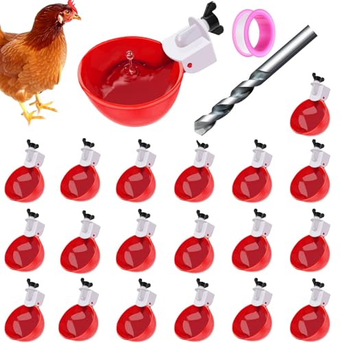 20 Pack Chicken Waterer Cups 3/8 Inch Large Automatic Chicken Water Feeder for Poultry Water Feeder Kit Chick Waterer with Mounting Hole Opener, Suitable for Ducks, Turkeys, Etc
