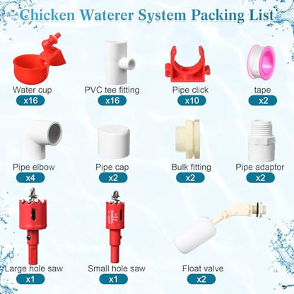 58 Pcs Automatic Chicken Waterer System Set, Chicken Watering System Kit with 16 Water Cups, 1/2" PVC Tee Fitting and Other Parts, Watering Complete Set for Turkey Duck Poultry Pigeon Quail