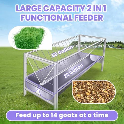 77Gal Pasture Hay Feeder, 2-in-1 Multi-Functional Livestock Feeder, Elevated & Stable Frame, Large Volume Stainless Steel Container for Farm Ranch Kinds of Livestock