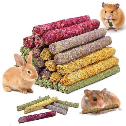 Jorewood 33 Pcs Rabbit Chew Sticks, Rabbit, Guinea Pig Toys, Natural Timothy Grass Molar Teeth Stick, Mixing Flowers Chewing Toy, Small Animals Treats