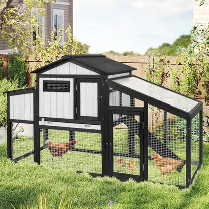 Ketive Large Chicken Coop and Run for 6-8 Chickens, 130.6" L Wooden Hen House, 2 Story Poultry Cage with Nesting Box, Pull-Out Tray, 4 Perches, Ramp, Indoor/Outdoor Pet Hutch Backyard Use, Black - size: 130.6"L x 26.0"W x 39.2"H