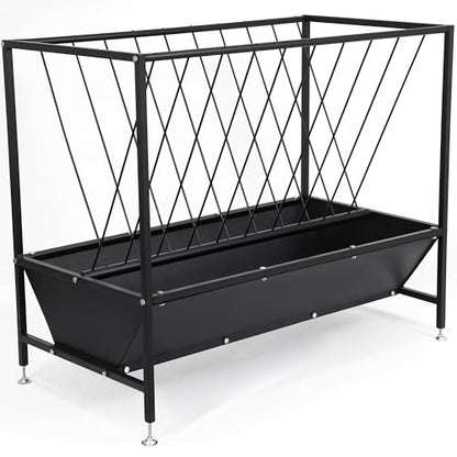 70 Gallon Pasture Hay Feeder, Heavy-Duty 2-in-1 Livestock Feeder with Grain Trough, Galvanized Steel Hay Rack for Goats, Sheep, Calves & Miniature Horses, Weather Resistant Farm Manger