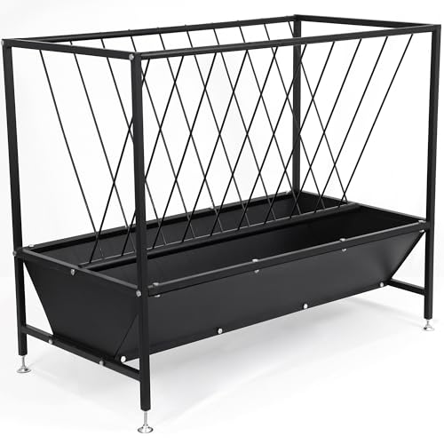 70 Gallon Pasture Hay Feeder, Heavy-Duty 2-in-1 Livestock Feeder with Grain Trough, Galvanized Steel Hay Rack for Goats, Sheep, Calves & Miniature Horses, Weather Resistant Farm Manger