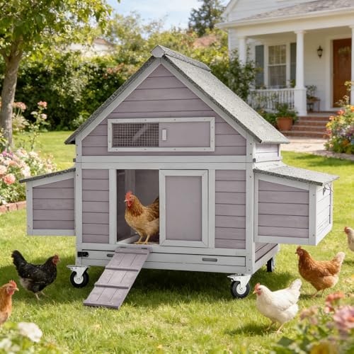 Aivituvin Chicken Coop with Wheels Large Poultry House with Two Nesting Boxes Outdoor Wooden Hen cage - color: Grey, size: 67.0"L x 39.8"W x 49.5"H