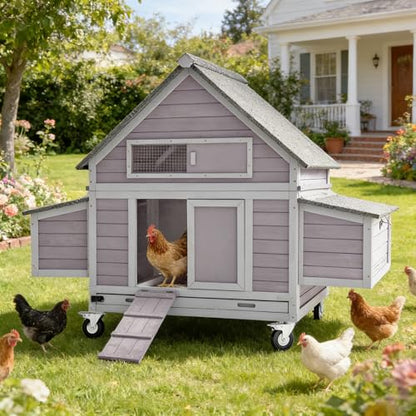 Aivituvin Chicken Coop with Wheels Large Poultry House with Two Nesting Boxes Outdoor Wooden Hen cage - color: Grey, size: 67.0"L x 39.8"W x 49.5"H