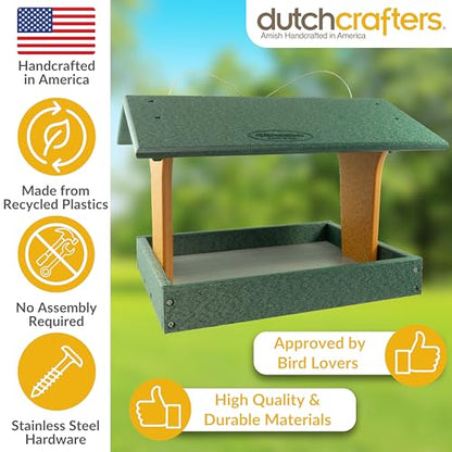 DutchCrafters Plastic Poly Covered Roof Hanging Fly Through Bird Feeder Open Side Platform Seed Tray for Outside Outdoor Garden - Amish American Made in USA (Turf Green & Cedar) - color: Turf Green & Cedar
