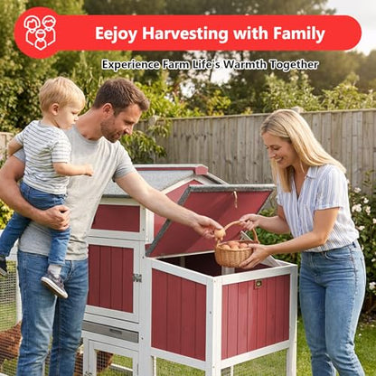 78" Wooden Chicken Coop with Nesting Box, Poultry Cage with Wheel Leak Proof Pull-on Tray and Asphalt Waterproof Roof, Hen House for Garden Backyard Farm - color: Red, size: 25.6"L x 39.4"W x 77.4"H