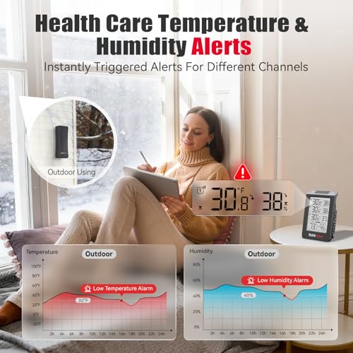 BaldrTherm Indoor Outdoor Thermometer Wireless, Temperature Humidity Monitor with 3 Remote Sensors, 4.8" Digital Display 330ft Range Real-Time Alerts Smart Backlight Hygrometer Thermometer, Black