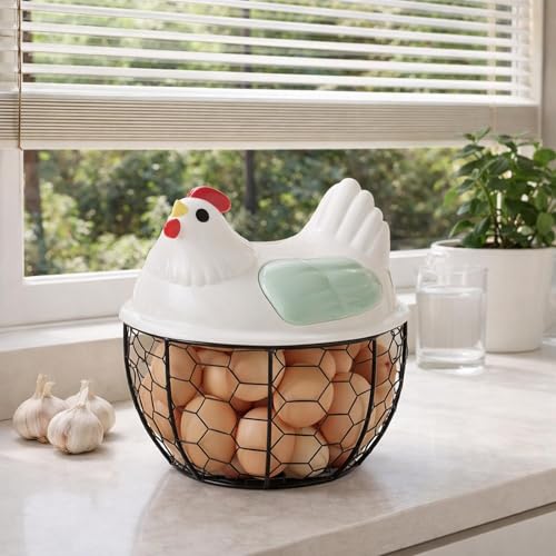Chicken Egg Basket Metal Iron Wire Egg Collection Basket Vegetable Fruit Basket Farmhouse Decorative Storage with Ergonomic Handles Suitable for, Green Lid