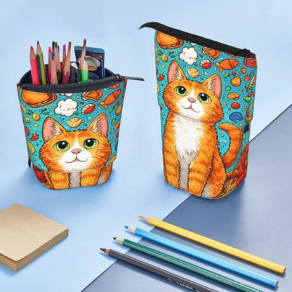 Cat Standing Pencil Case Cute Telescopic Stationary Pouch with Zipper Large Capacity Stand up Pen Bag Portable Makeup Holder for School Office Supplies - color: Cat