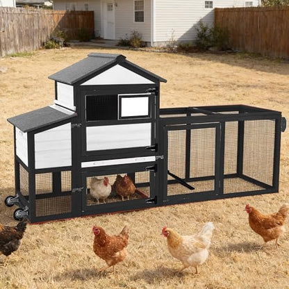 Chicken Coop with Run Mobile Large Chicken Coop with Wheels Duplex Chicken Cage with Slide-Out Tray Waterproof Roof Outdoor Backyard Hen House Black and White - color: Black and White