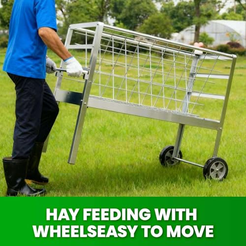 Easy to Assemble 2 in 1 Livestock Feeder with Wheels, Hay Grid on Top and Grain Trough Below, Heavy Duty Galvanized Steel, Space Saving Freestanding Feeder