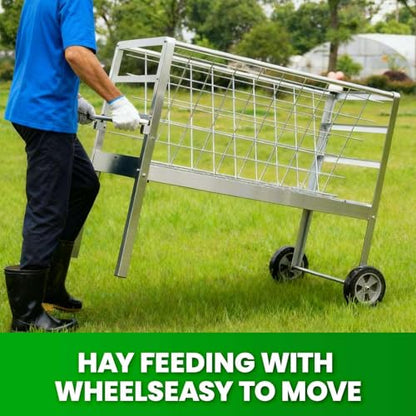 Easy to Assemble 2 in 1 Livestock Feeder with Wheels, Hay Grid on Top and Grain Trough Below, Heavy Duty Galvanized Steel, Space Saving Freestanding Feeder