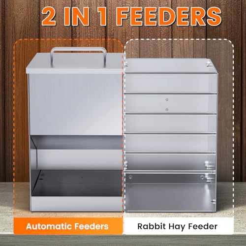 Automatic Rabbit Feeders for Cage Hay Feeder 4.5L Bunny Feeder Stainless Steel Rabbit Food Dispenser for Guinea Pig Squirrel Small Animals Trough