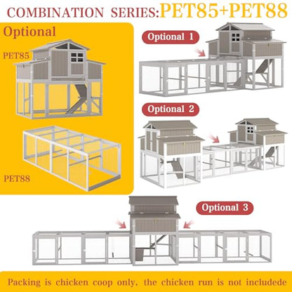 Large Chicken Coop and Run, Wooden Hen House with 4 Sectionable Nesting Boxes, Poultry Duck House for 4-10 Chickens with 5 Perches, Pull-Out Tray and Ramp, Grey