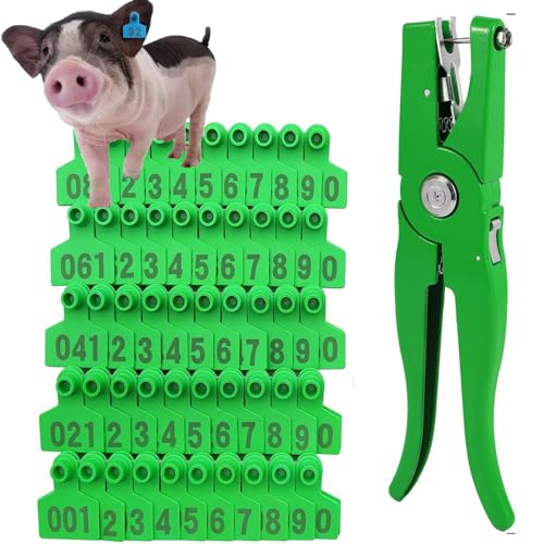 100 Sets Numbered Plastic Livestock Ear Tags Pig Calf Animal Identification TPU Earring Tagger with 1 Pliers Applicator 401-500 Orange (Green 001) - color: グリーン, size: 1