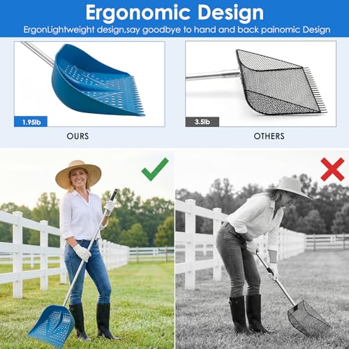Chicken Poop Scooper & Rake 2-in-1, Adjustable Handle Length from 38" to 66", Features Manure Sifting Capability – Ideal for Chicken Coops and Farm Animal Cleaning (Blue) - color: Blue
