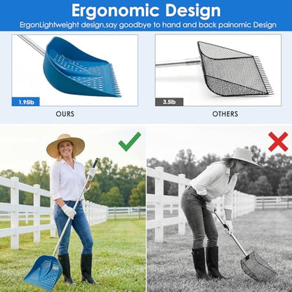 Chicken Poop Scooper & Rake 2-in-1, Adjustable Handle Length from 38" to 66", Features Manure Sifting Capability – Ideal for Chicken Coops and Farm Animal Cleaning (Blue) - color: Blue