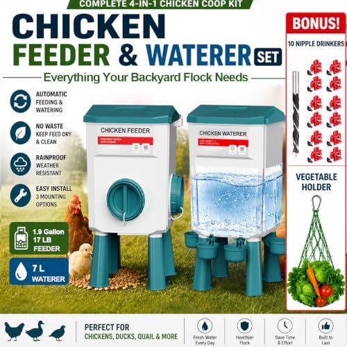 Chicken Feeder and Waterer Set, Automatic No Waste Poultry Feeding System, 17 lb Feeder & 7L Waterer, 4-in-1 Chicken Coop Kit with Vegetable Holder for Chickens, Ducks & Quail - size: 1.9 Gallon Upgraded