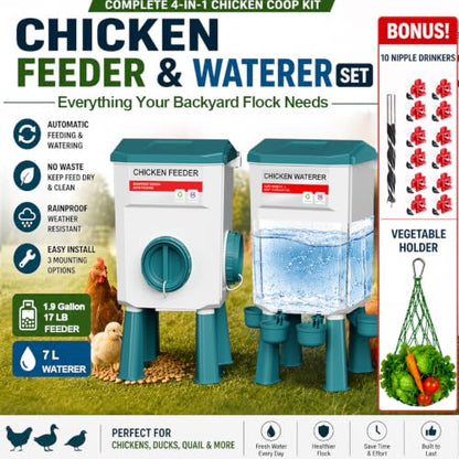 Chicken Feeder and Waterer Set, Automatic No Waste Poultry Feeding System, 17 lb Feeder & 7L Waterer, 4-in-1 Chicken Coop Kit with Vegetable Holder for Chickens, Ducks & Quail - size: 1.9 Gallon Upgraded