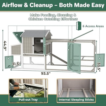 Large Chicken Coop with Run & Wheels, Portable Outdoor Hen House for 3-6 Chickens, 3 Nesting Boxes, Quail Hutch & Poultry Cage, Removable Tray & Ramp (95.3" L Grey) - size: 95.3"L x 31.5"W x 45.0"H