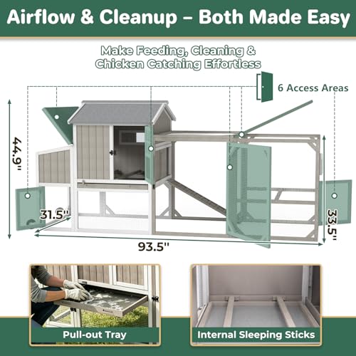95.3" L Large Chicken Coop with Run, Chicken Tractor Hen House with 3 Nesting Boxes, Wheels, Portable Outdoor Quail Hutch Poultry Cage for 2-4 Chickens with 6 Access, Removable Tray, Ramp - size: 95.3"L x 31.5"W x 44.9"H