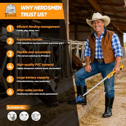 Retractable Cattle Prod, Rechargeable Livestock Prod with LED Light, Waterproof Animal Herding Tool for Cattle, Pigs and Goats, Heavy Duty Livestock Management(42in)