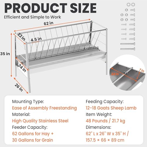 62" L Goat Hay Feeder 92 Gallon Stainless Steel Feeder for Goats | 2-in-1 Hay & Grain Large Capacity for Sheep, Horses | Freestanding Outdoor Farm Livestock Feeder, Easy Assembly