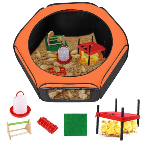 Brooder Box for Chick, 6-in-1 Chick Starter Kit, Includes Brooder Heating Plate, Baby Chicken Pen, Chicken Feeder, Waterer, Perch, Nesting Pad (Brooder Set) - color: Orange, Black