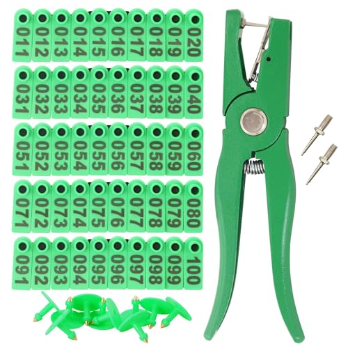 Sheep Ear Tag 001-100 Number Plastic Livestock Tags Goat with Punch Applicator Plier Tools and 2Pcs Ear Tag Pins (Green, 001-100) - color: Green, size: 001-100