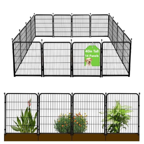 Getlay Doorless Animal Barrier Fence, 40in(H) 14 Panels Total 31 Ft(L), Garden Fences and Borders for Dogs, Anti Dig Fence Barrier, Black Metal Decorative Garden Fencing, Flower Bed Fencing - size: 40''(H)-14panels-31ft(L) no gate