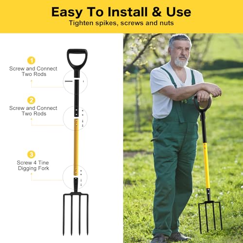 Pitch Fork, 4 Tine Heavy Duty Garden Fork with Ergonomic No-Slip D-Grip Handles, 45 Inches Long Handle Spading Fork, Perfect for Gardening Digging, Land Management, Yard work, Farming (Black)