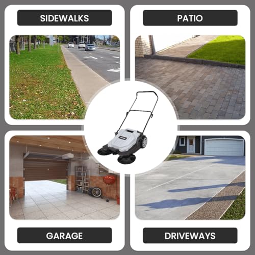 Dapper Supply Walk-Behind Outdoor Hand Push Floor Sweeper - 5.25 Gallon Capacity - 25.5" Sweeping Width - Sweeps up to 27,900 ft/Hour, Grey - size: 25.5"