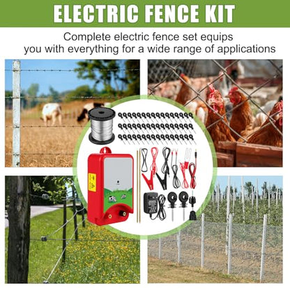 MorningRo 8 Mile Electric Fence 12000V 1.5Joule Electric Fence Charger Kit with Copper Ground Rod Insulator Socket Tool Aluminum Wire for Containing Dog Livestock