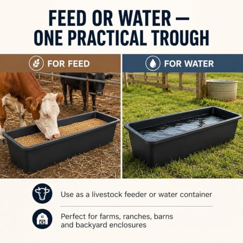 4 Pack 12 Gallon Rubber Feed Pan, 39 Inch Plastic Feeding Trough | Heavy Duty Molded Plastic Design for Horse, Goat, Pig And Livestock Use, Durable Square Design For Farm Feeding Tasks - size: 38.9 × 12 × 7.2 in
