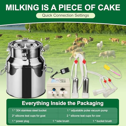 Upgrade 2-in-1 Goats and Cows Milking Machine, 3.7Gal/14L Food-Grade Stainless Steel Bucket with 5200mAh Built-in Rechargeable Battery, 4 Teat Cups, Cordless Pulsation Vaccum Electric Milking Machine - size: 14L Two-in-One Milking Machine