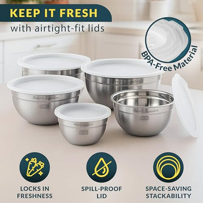 Baker's Signature Stainless Steel Mixing Bowls With Lid, Metal Mixing Bowl Set Of 5, Nesting Set For Food Prep, Baking,Storage, Cooking, Serving | Dishwasher Safe, 0.5/1.5/3/4/5 Qt - size: Set of 5