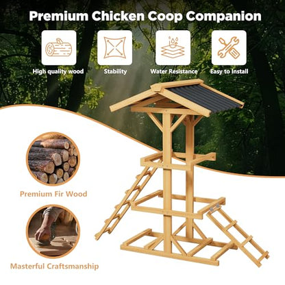 Multi-Level Wooden Chicken Roost Perch with Dual Ladders, Outdoor Activity Stand with Waterproof Sunproof Roof, Backyard Coop Accessory for Chickens