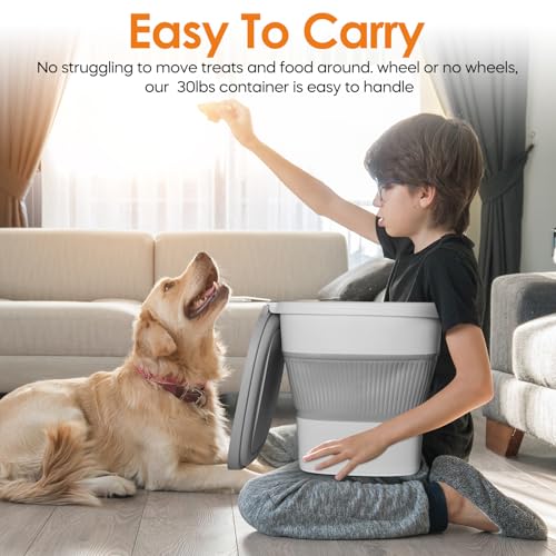 HOYTAMDAR 28-30Lbs Dog Food Storage Container, Collapsible Dog Food Container with Lid,Multifunctional Pet Food Storage Container for Dog,Cat,Rice,Flour,Pet Food Scoop and Small Container - color: Grey-30lbs
