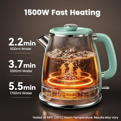Mecity Retro Electric Kettle 1.7L, Stainless Steel Interior (No Plastic Contact), Double Wall Cool Touch, Fast Boil 1500W, Thermometer (°F/°C), Removable Lid, Wide Opening Easy Cleaning, 120V, Green - color: Light Green