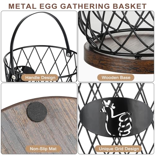 Round Egg Basket for Gathering Fresh Eggs, Metal | Non-Slip Wooden Base, K-Cup Organizer, Comfortable and Secure Grip, Countertop Decor, Easy Accessible, Easy Clean