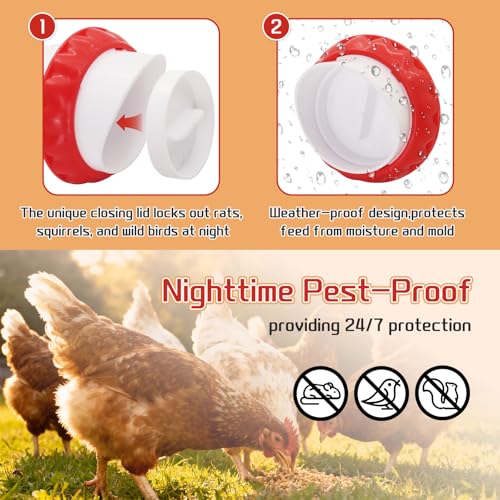 DIY Chicken Feeders 4 Ports White No Waste | Automatic Rain Proof, Poultry Feeder Kit, Includes 1 Hole Saw, for Buckets Barrels Bins Troughs - color: White