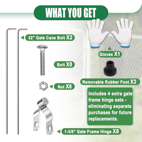 Cane Bolt Gate Drop Rod for Chain Link Fence 1-3/8" x 32" [Pack of 2]Gate Drop Rod Kit for Single or Double Gate,Heavy Duty Galvanized Steel Ground Latch Fence Drop Pin with Extra 4 Gate Frame Hinges - size: 1-3/8" × 32" (2 PACK)